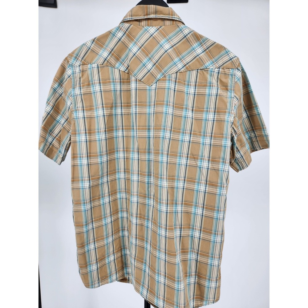 Hollister Mens Western Plaid Short Sleeve Pearl Snap Shirt Tan Blue Size M - Picture 3 of 6